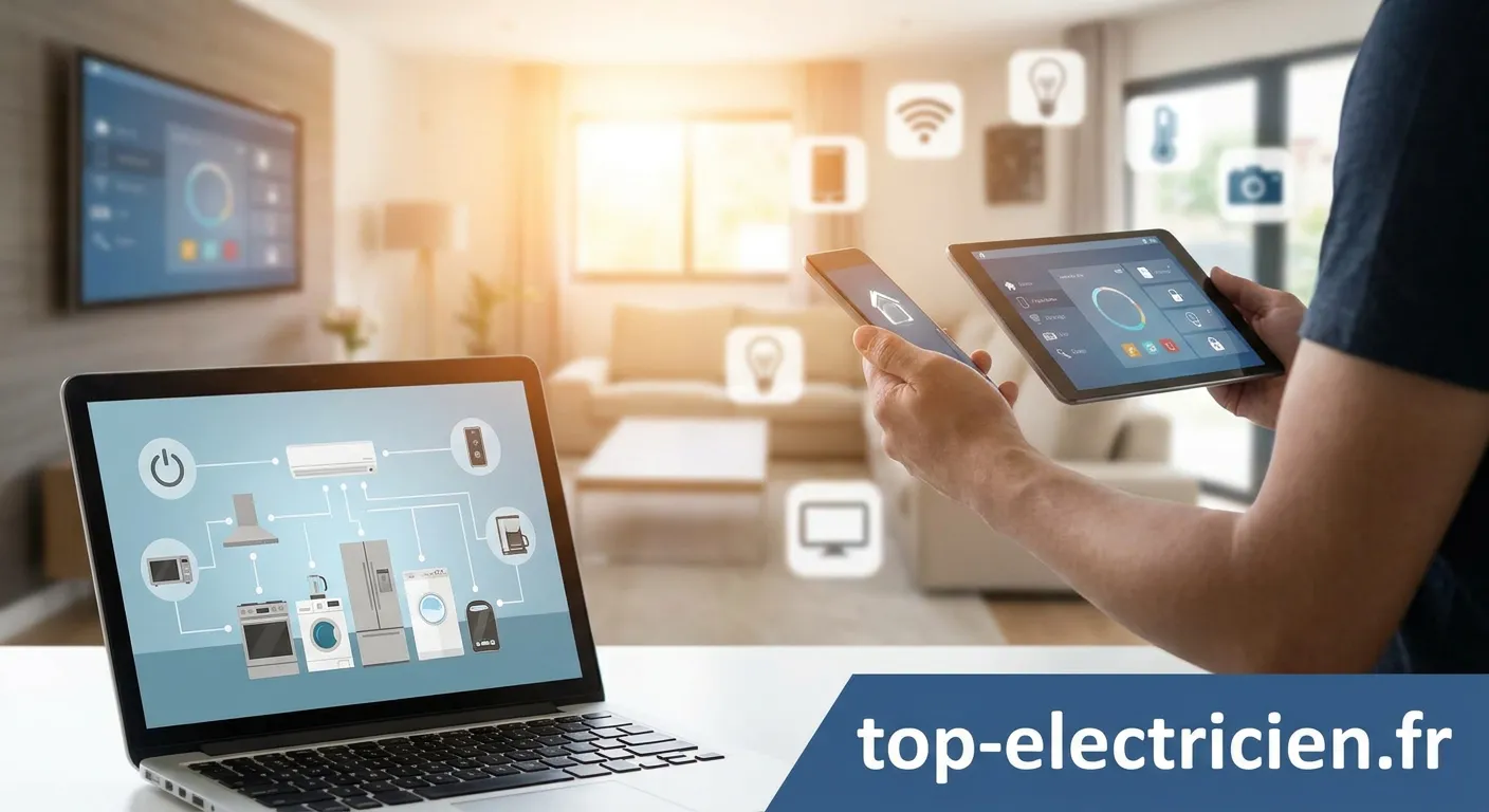 Personne utilisant smartphone pour contrôler installation électrique domicile