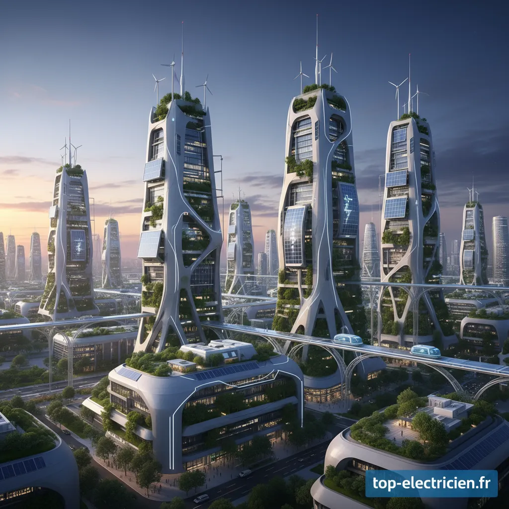 Bâtiment moderne avec panneaux solaires et une éolienne