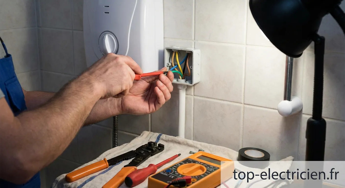 Technicien effectuant le branchement de la douche électrique dans une salle de bain moderne