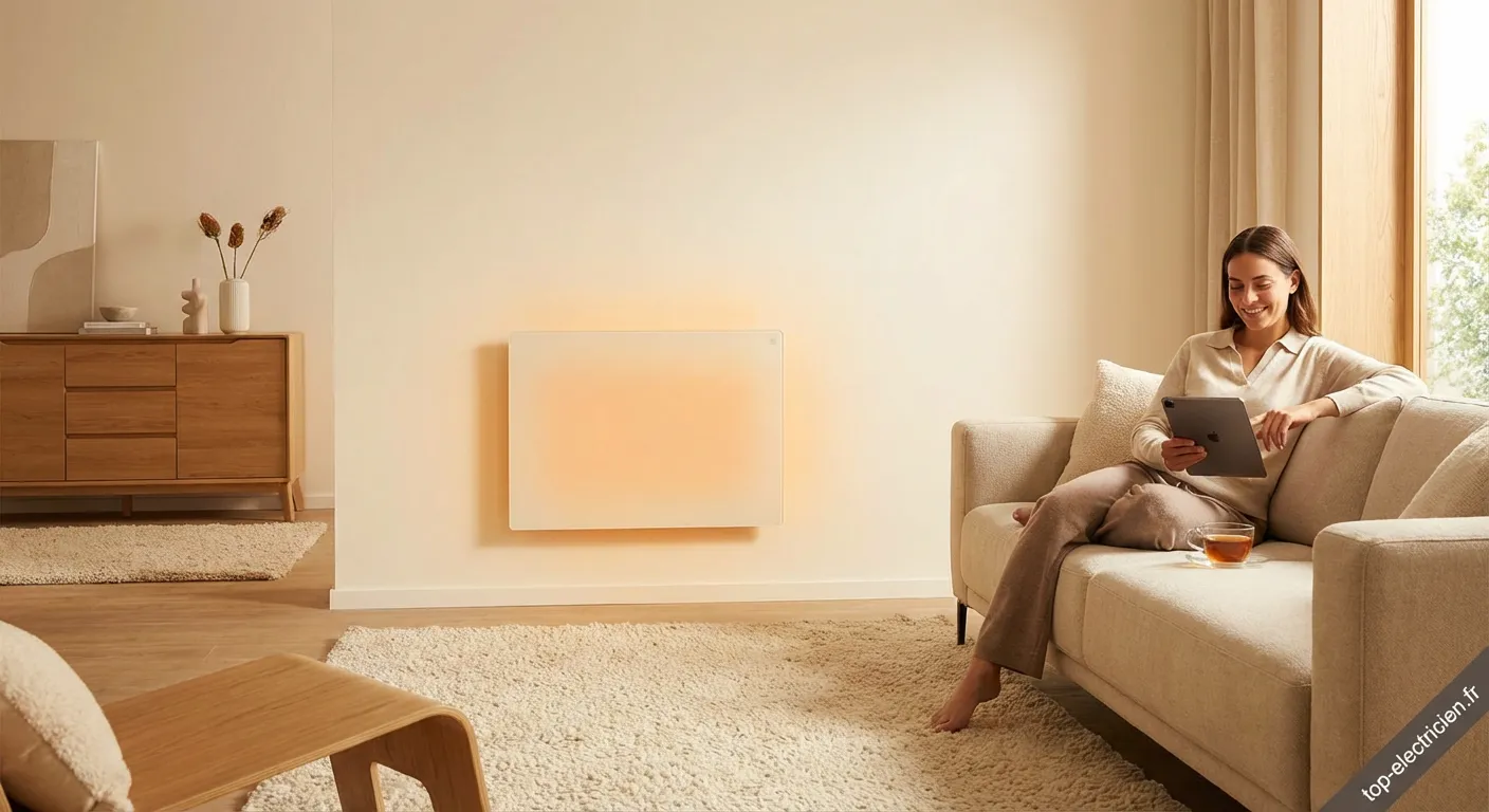 Panneau chauffant infrarouge lointain installé dans un salon moderne