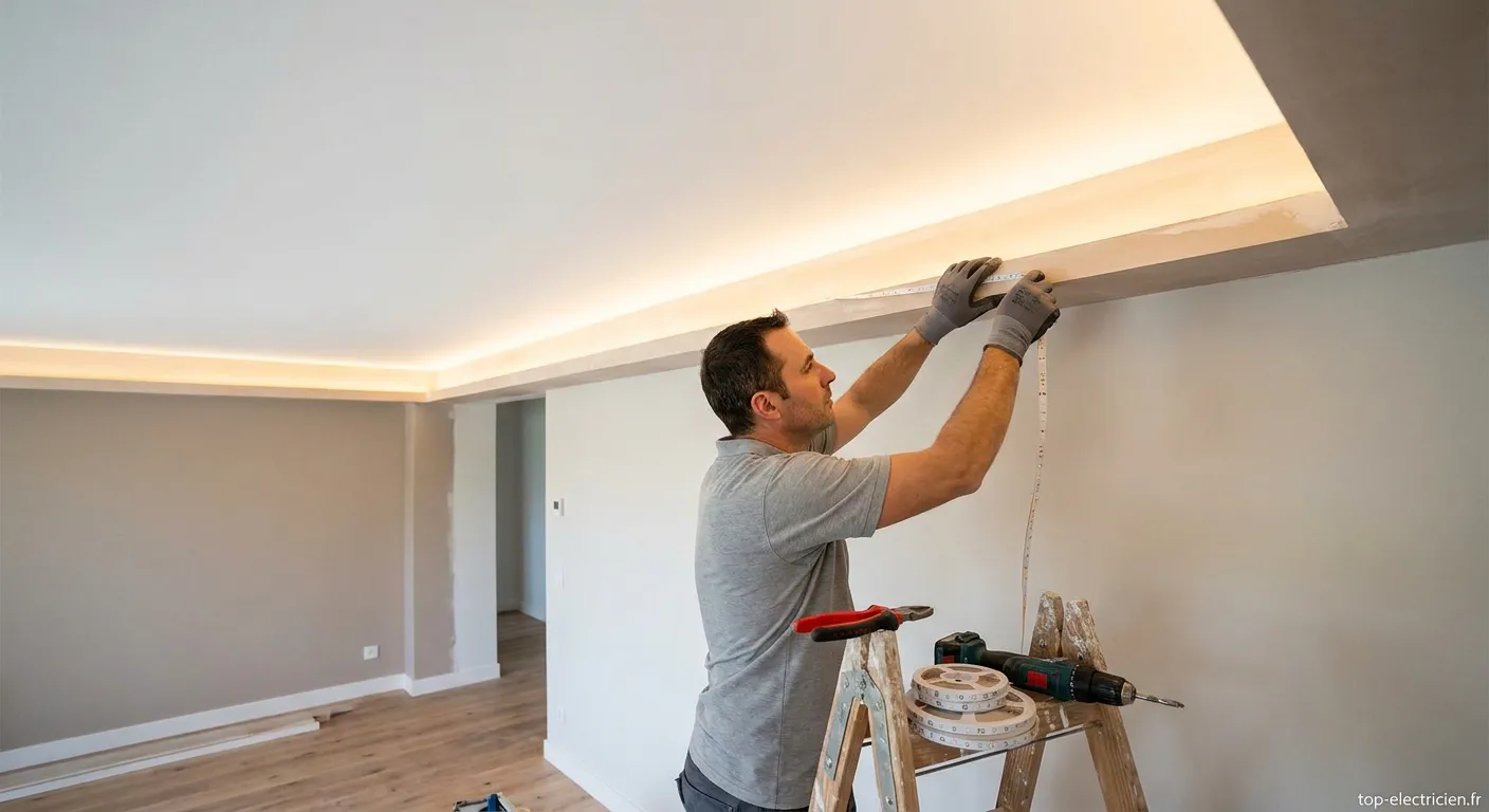 Ruban LED installé en éclairage indirect sous corniche