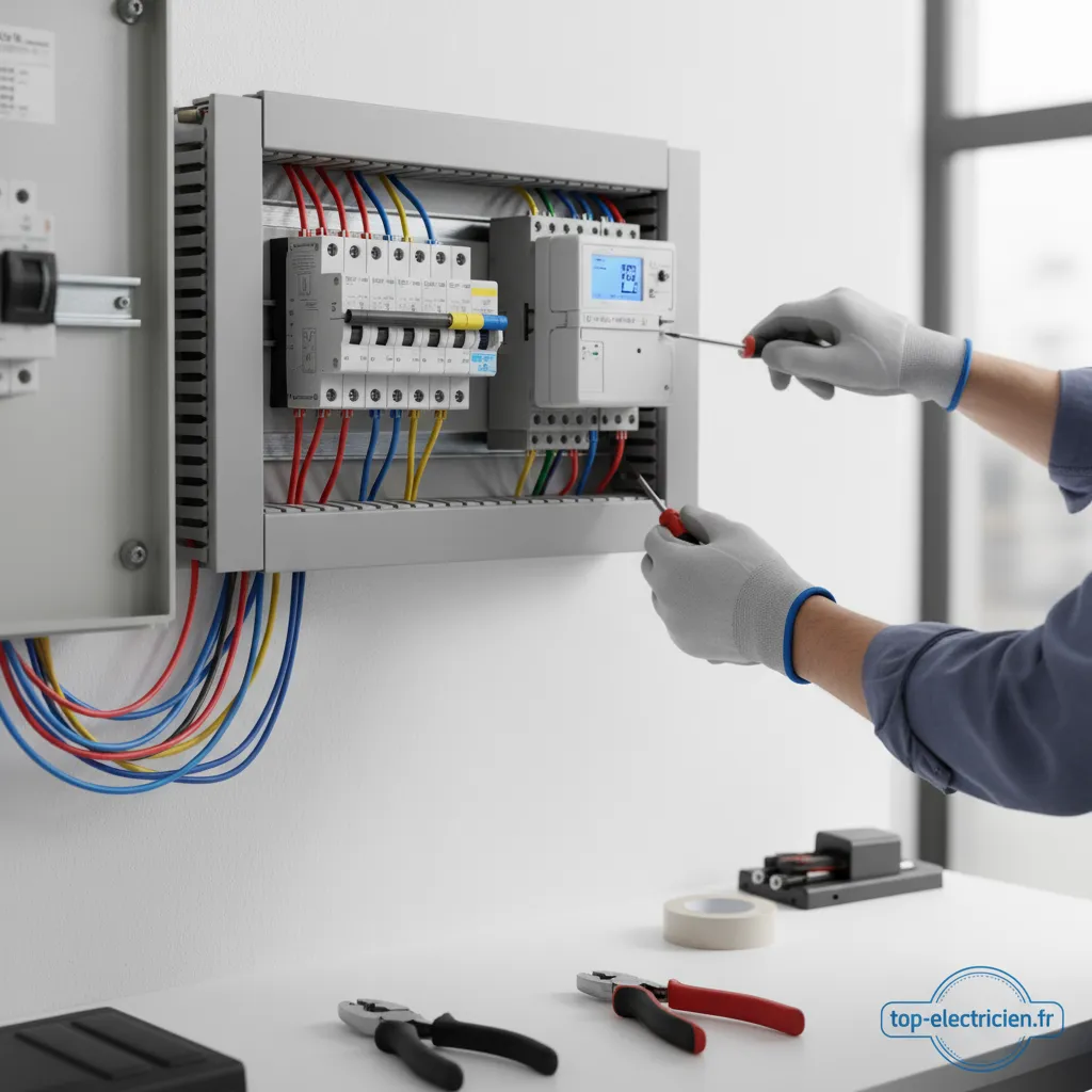Compteur électrique divisionnaire modulaire installé dans un tableau électrique.