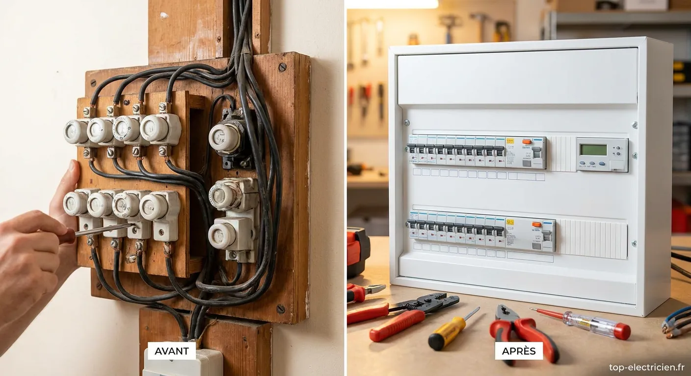 Tableau électrique moderne remplaçant anciens fusibles pour installation sécurisée