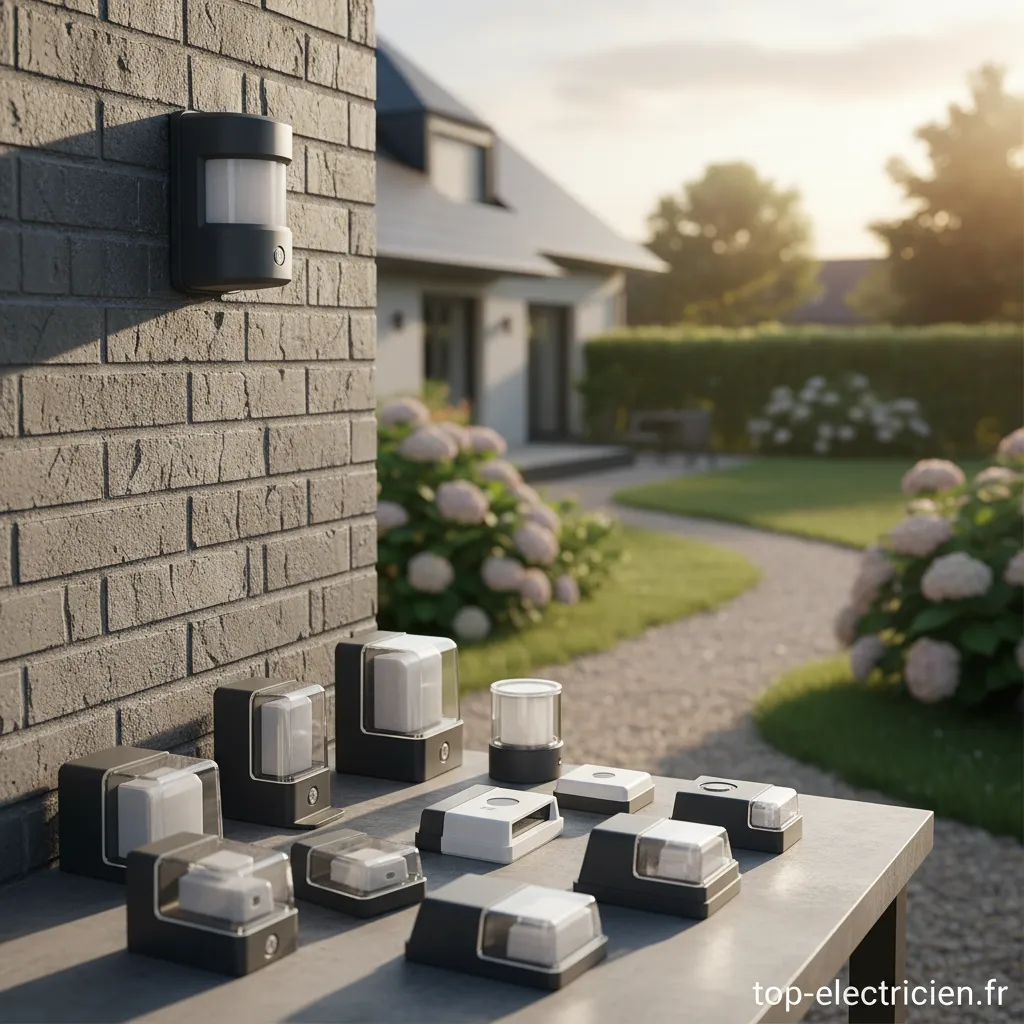 Détecteur de mouvement électrique extérieur installé sur la façade d'une maison.