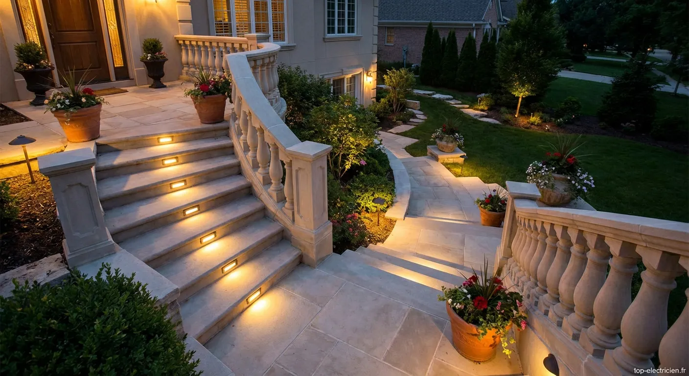 Éclairage LED professionnel installé sur un escalier extérieur