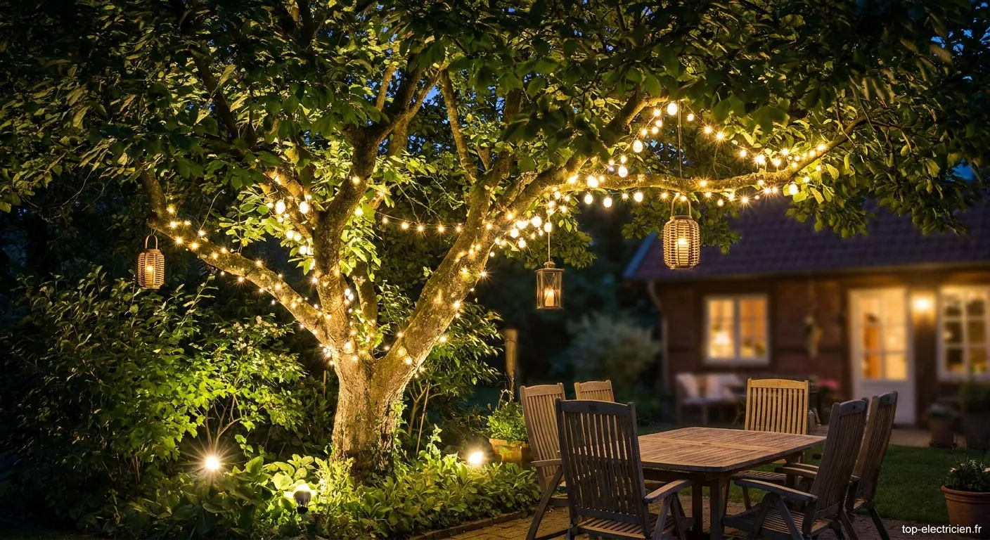Éclairage électrique professionnel d'un arbre dans un jardin avec spots LED