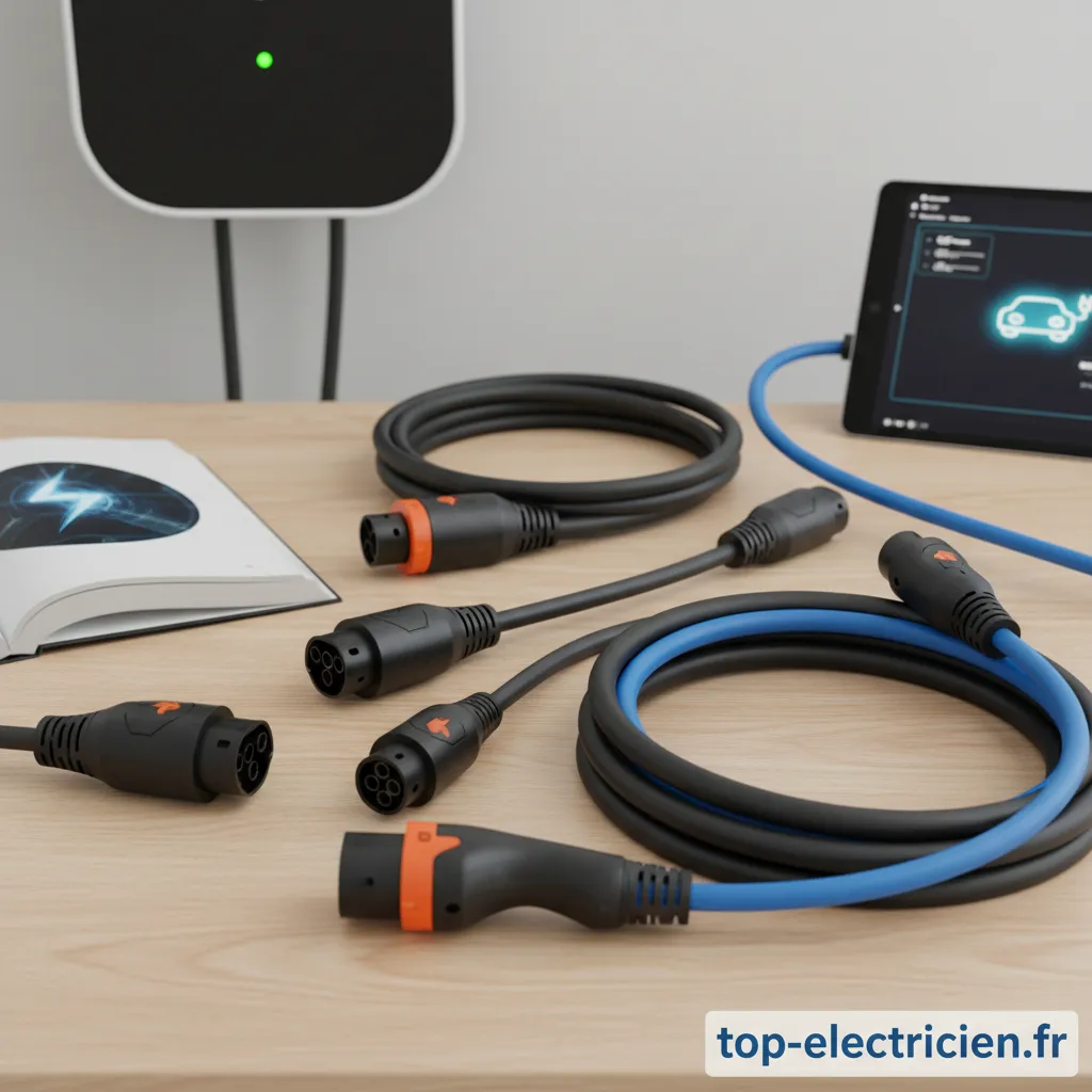 Câbles de recharge pour voiture électrique branchés à une borne.