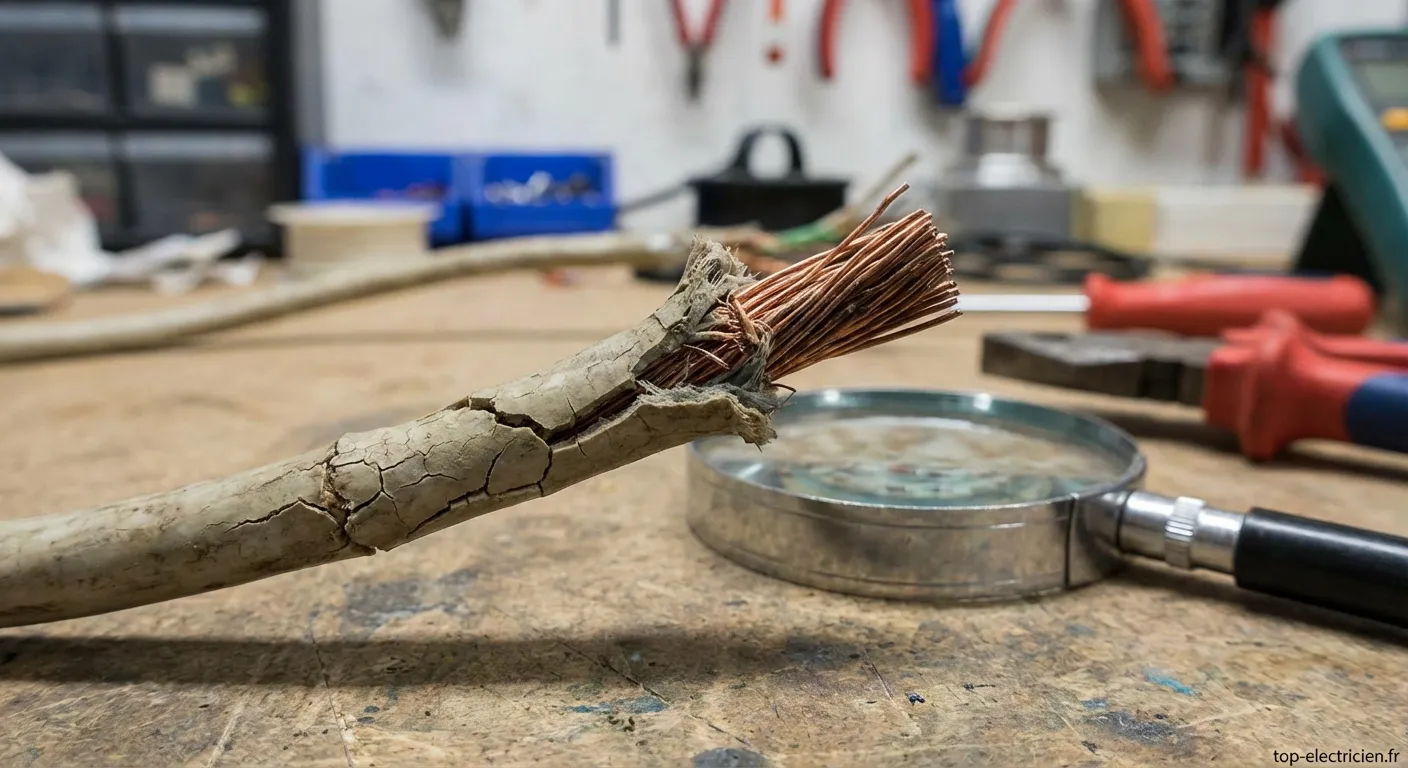 Câble électrique endommagé avec isolant fissuré et fils de cuivre apparents