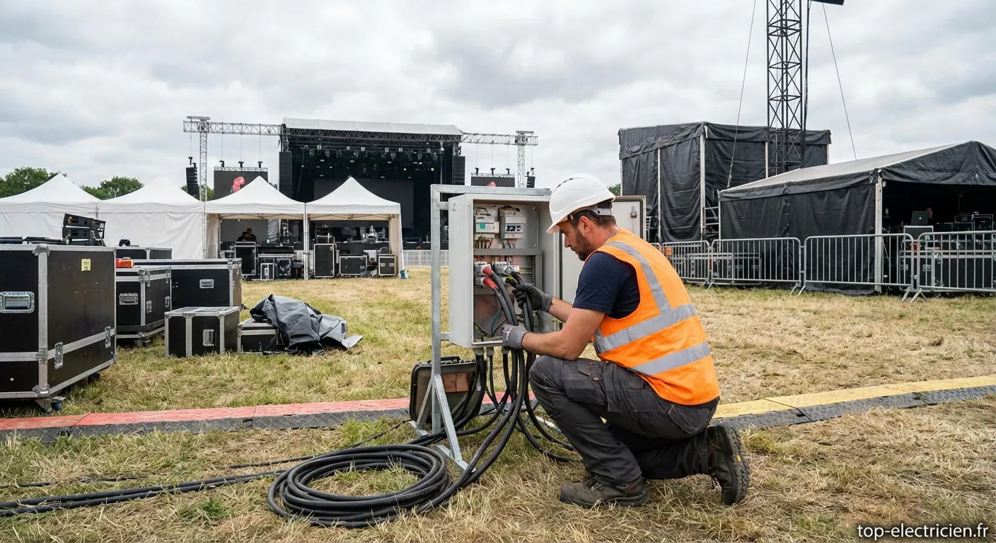 Installation électrique provisoire pour un événement avec tableaux électriques et câblage