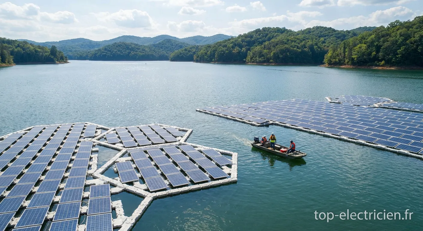 Installation photovoltaïque flottante sur un plan d'eau avec panneaux solaires bleus