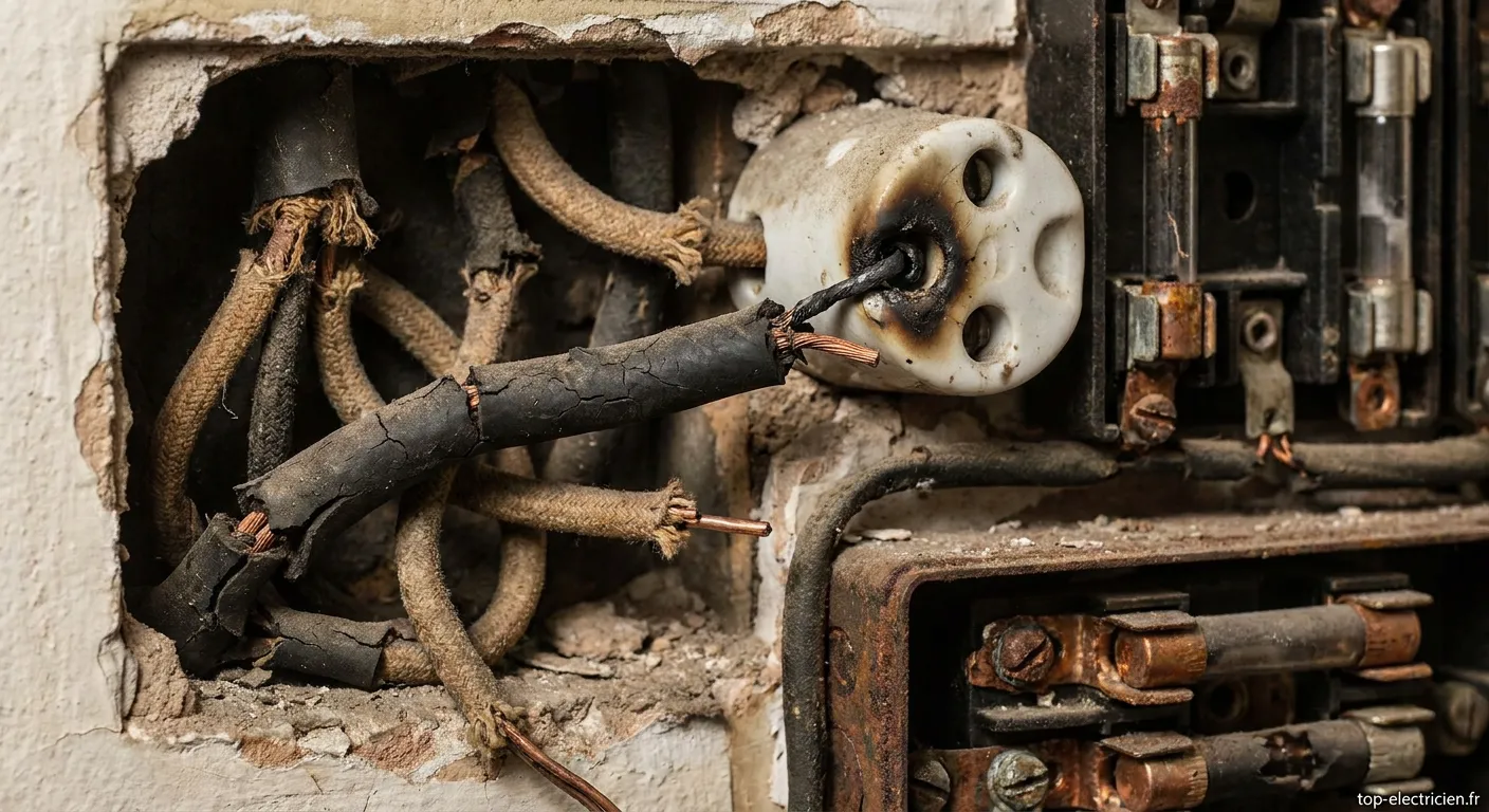 Tableau électrique vétuste montrant fils usés connexions oxydées danger potentiel
