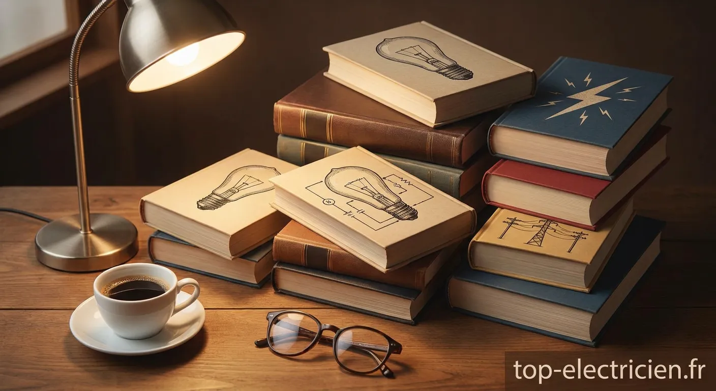 Livres et manuels techniques d'électricité sur une table de travail