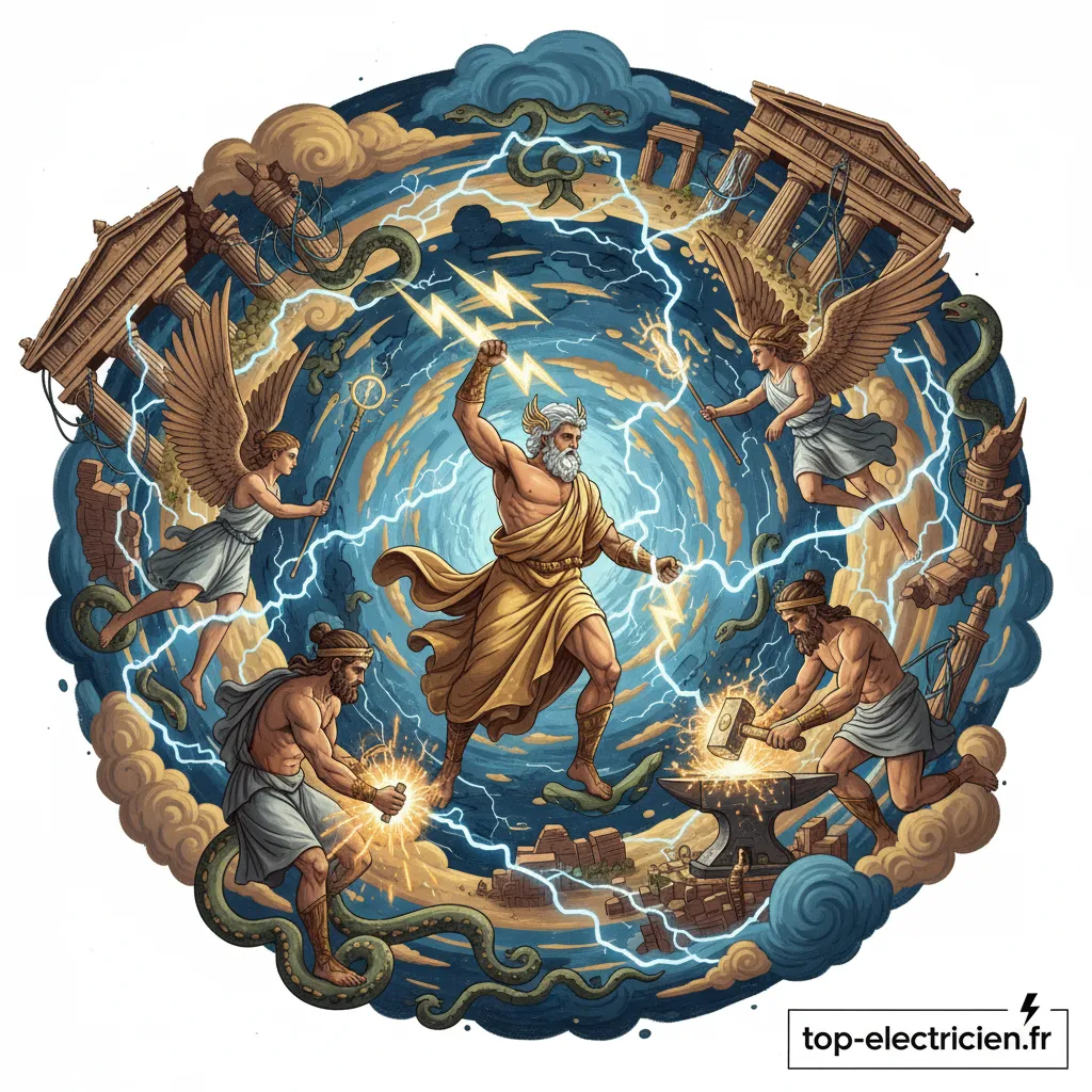 Zeus tenant un éclair, illustrant les mythes antiques sur la foudre et l'électricité