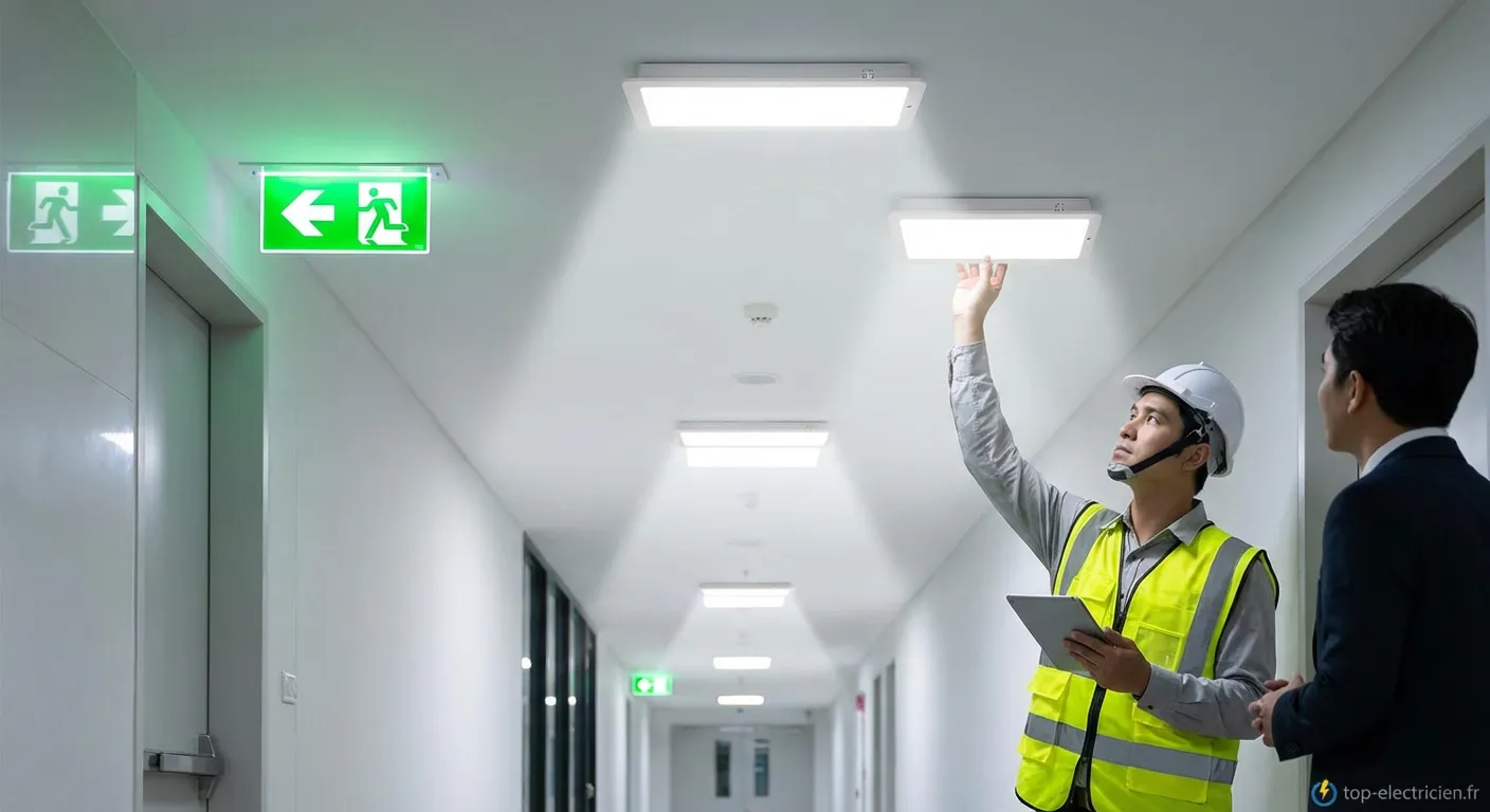 Illustration des normes pour l'éclairage de sécurité avec un bloc de sortie de secours allumé