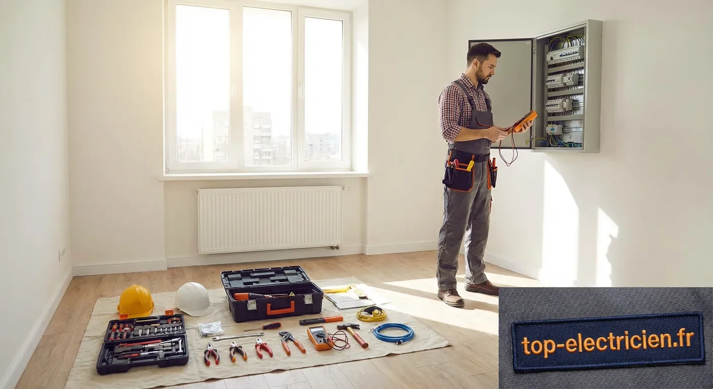 Électricien vérifiant un plan avant des travaux de rénovation électrique en été