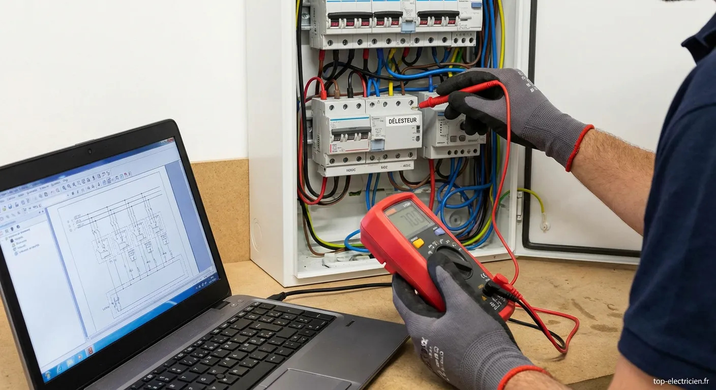 Électricien diagnostiquant un problème de délesteur électrique dans un tableau électrique