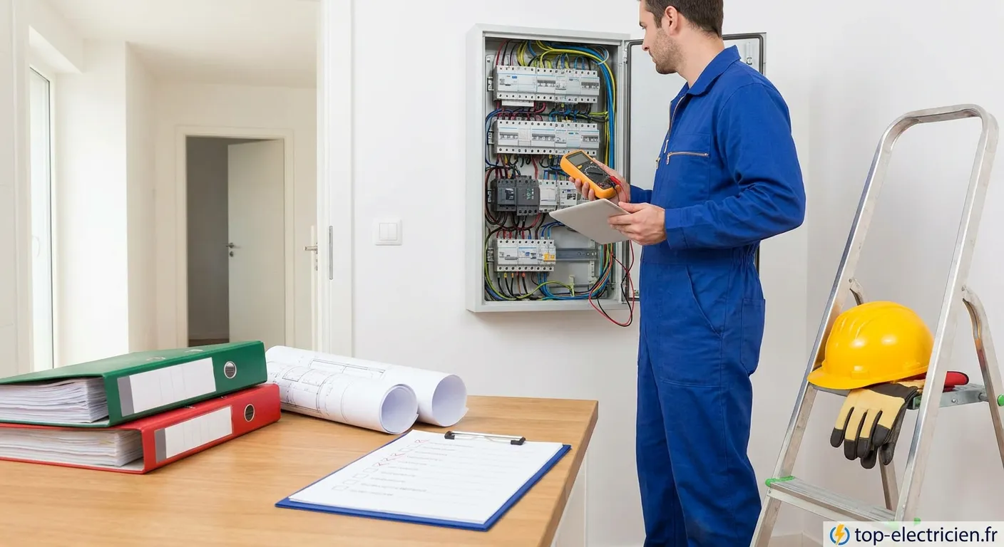 Technicien réalisant un contrôle électrique conforme selon la réglementation
