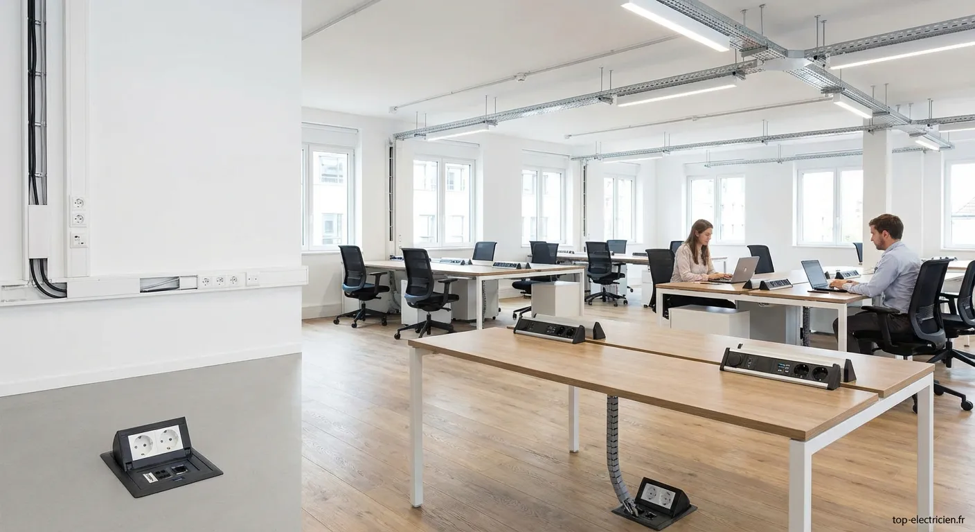 Installation électrique moderne dans un open space lumineux