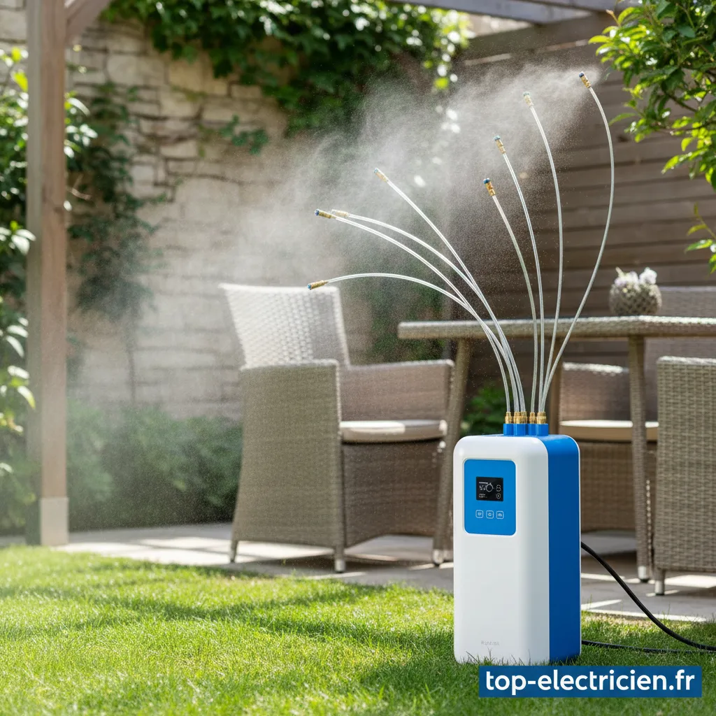 Système de brumisation électrique installé sur une terrasse moderne