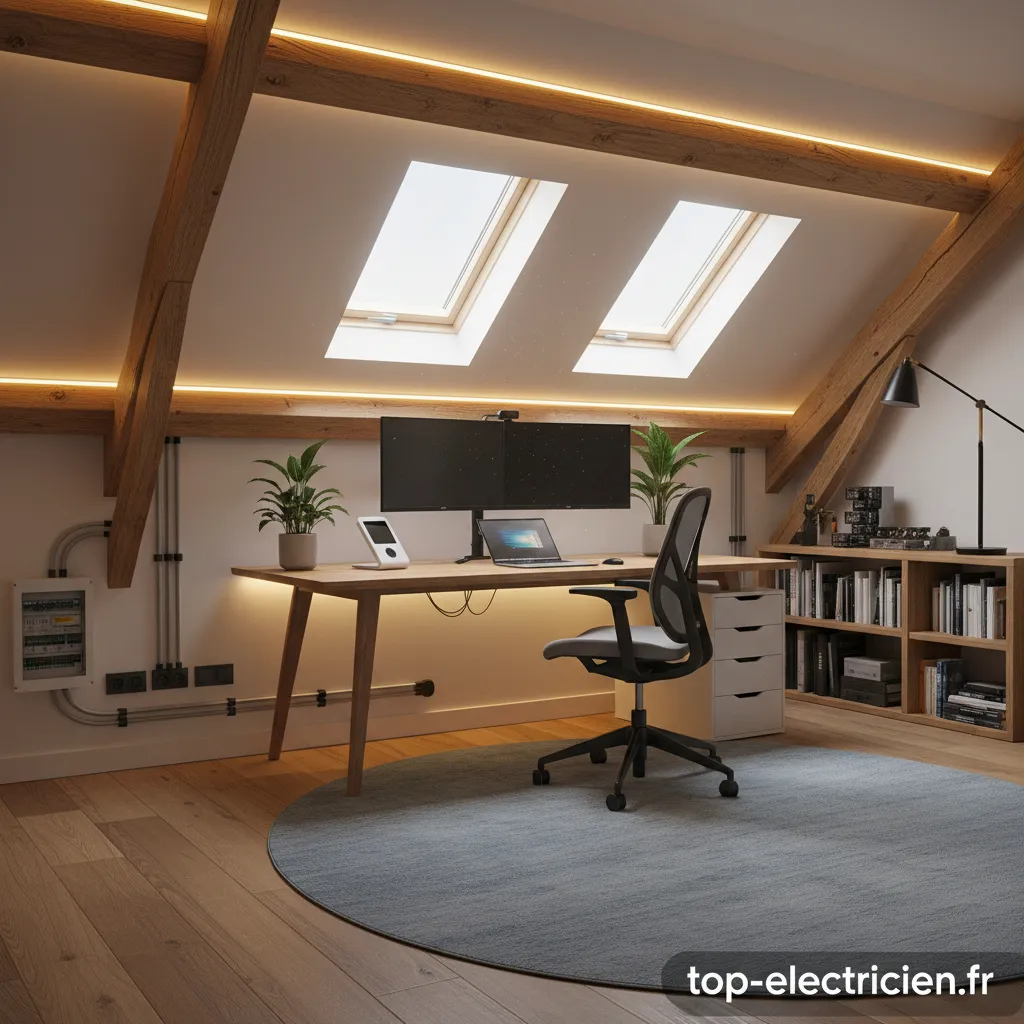 Schéma de la transformation électrique d'un grenier en bureau