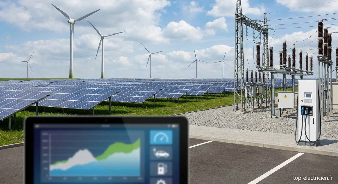 Panneaux solaires et éoliennes symboles de la transition énergétique électrique